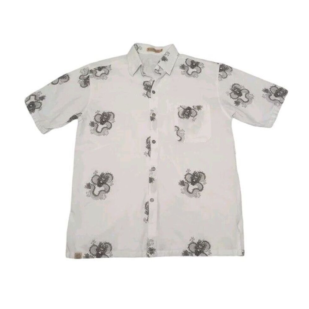 Cotton's Art Men's XL‎ Shirt Dragon Button Up Short Sleeve White Vintage